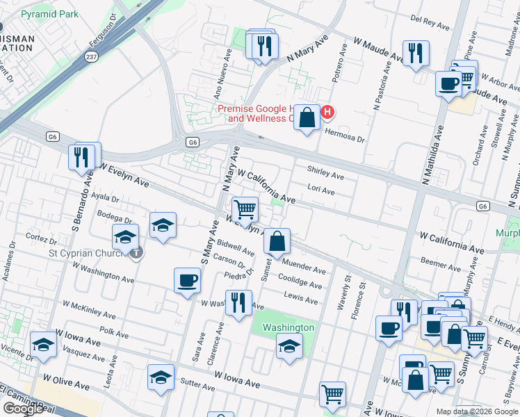 map of restaurants, bars, coffee shops, grocery stores, and more near 973 Asilomar Terrace in Sunnyvale