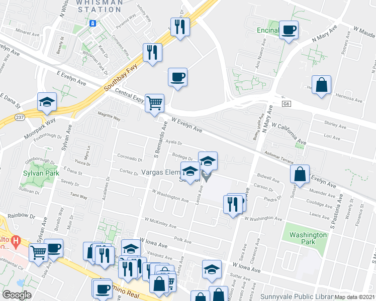 map of restaurants, bars, coffee shops, grocery stores, and more near 1151 Bodega Drive in Sunnyvale