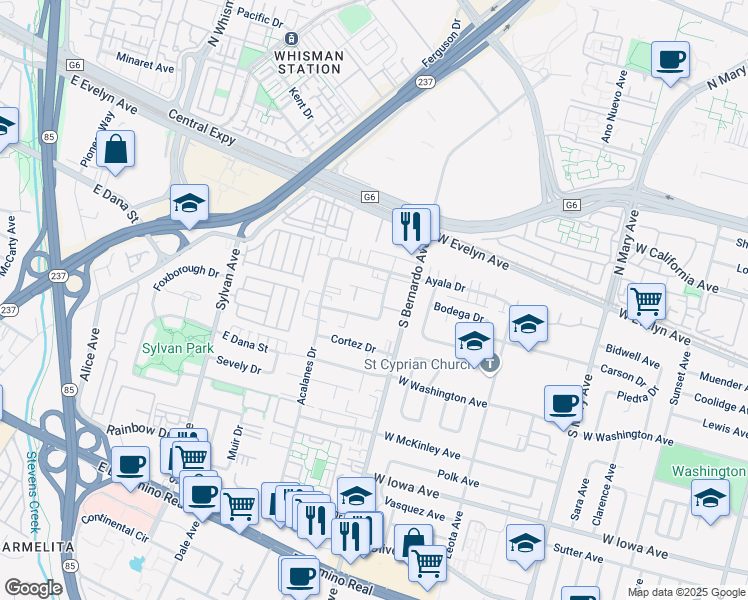 map of restaurants, bars, coffee shops, grocery stores, and more near 13 Balboa Court in Sunnyvale