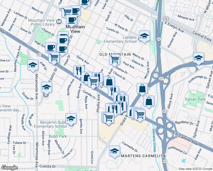 map of restaurants, bars, coffee shops, grocery stores, and more near 181 Centre Street in Mountain View