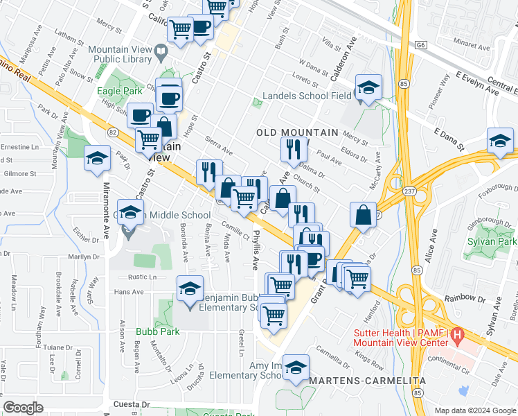 map of restaurants, bars, coffee shops, grocery stores, and more near 180 West El Camino Real in Mountain View