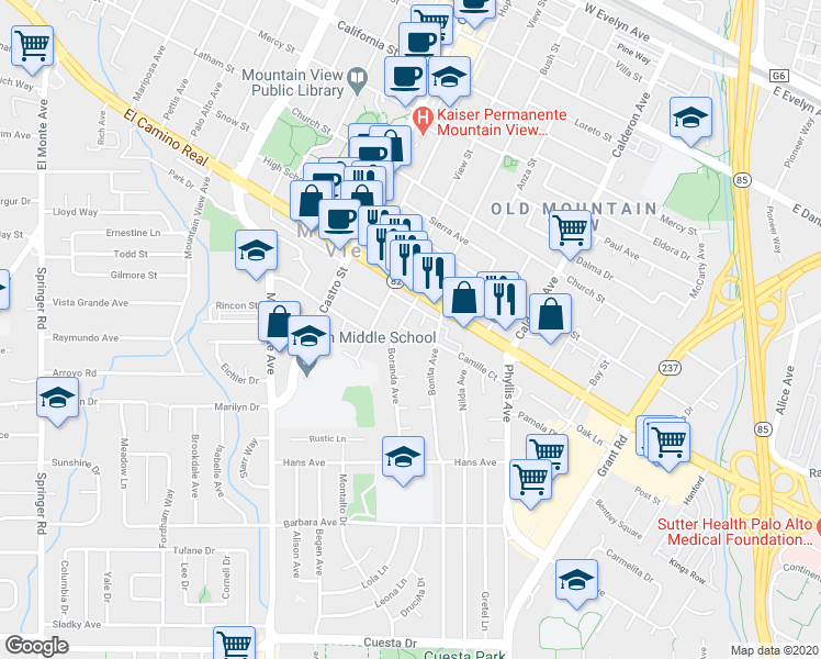 map of restaurants, bars, coffee shops, grocery stores, and more near 991 Boranda Avenue in Mountain View