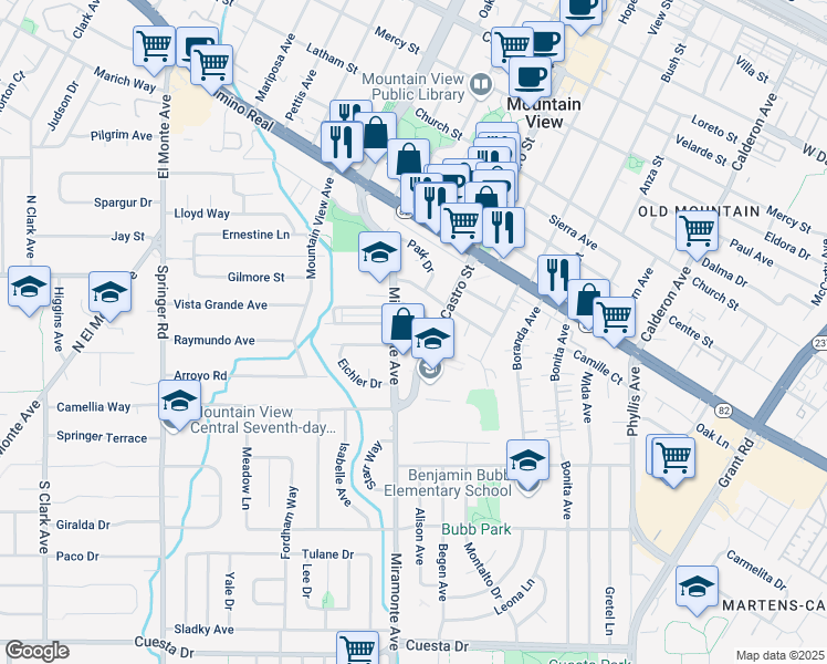 map of restaurants, bars, coffee shops, grocery stores, and more near 1140 Castro Street in Mountain View
