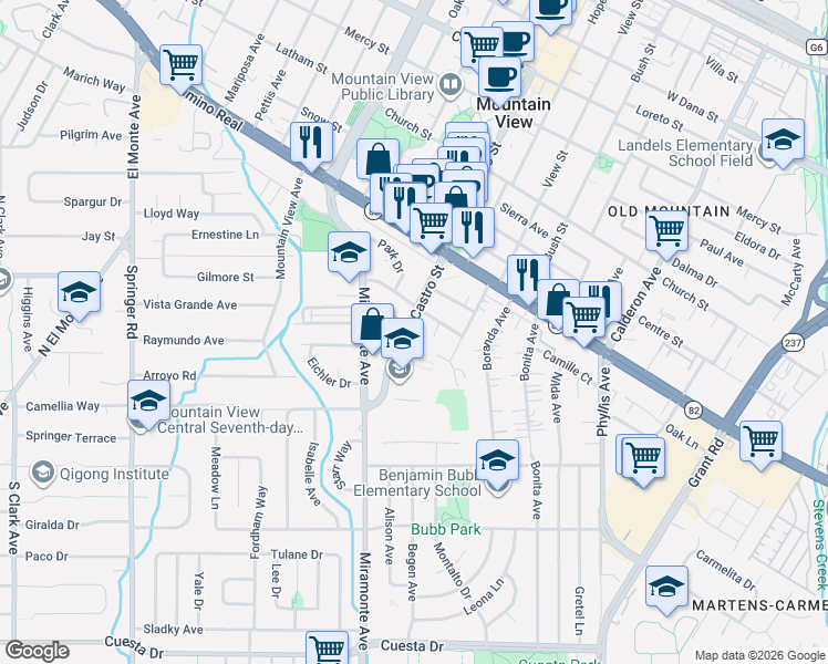 map of restaurants, bars, coffee shops, grocery stores, and more near 1127 Castro Street in Mountain View