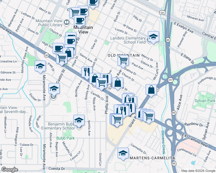 map of restaurants, bars, coffee shops, grocery stores, and more near 850 Calderon Avenue in Mountain View