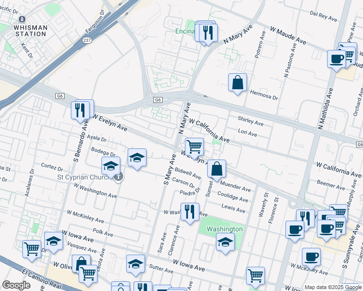 map of restaurants, bars, coffee shops, grocery stores, and more near 991 Asilomar Terrace in Sunnyvale