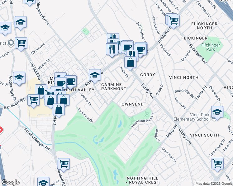 map of restaurants, bars, coffee shops, grocery stores, and more near 1620 Mission Springs Circle in San Jose