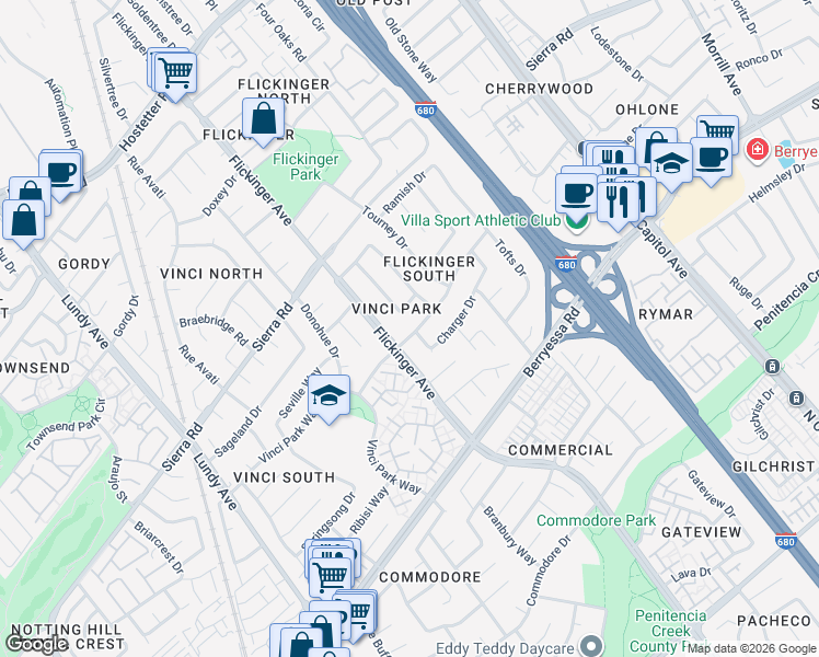 map of restaurants, bars, coffee shops, grocery stores, and more near in San Jose