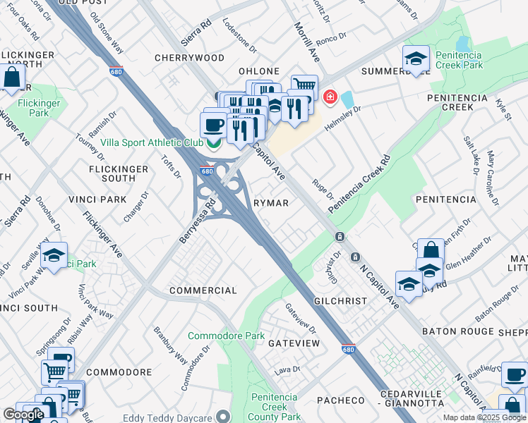 map of restaurants, bars, coffee shops, grocery stores, and more near 1055 North Capitol Avenue in San Jose