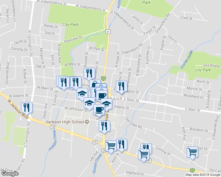 map of restaurants, bars, coffee shops, grocery stores, and more near 201 East Washington Street in Jackson