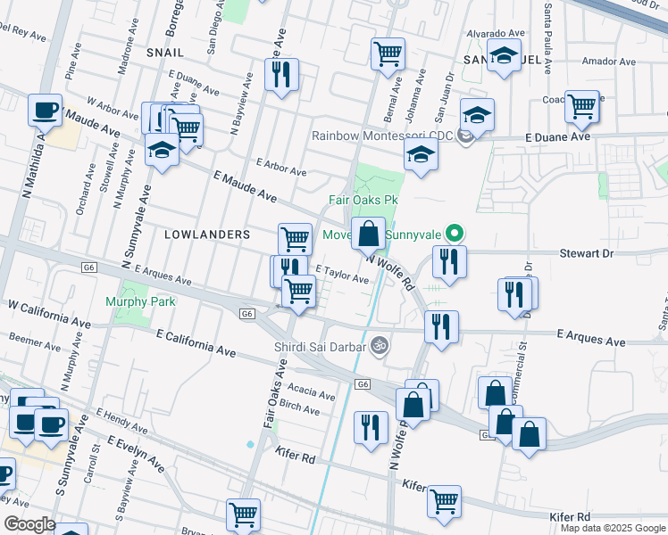 map of restaurants, bars, coffee shops, grocery stores, and more near 403 San Eduardo Terrace in Sunnyvale
