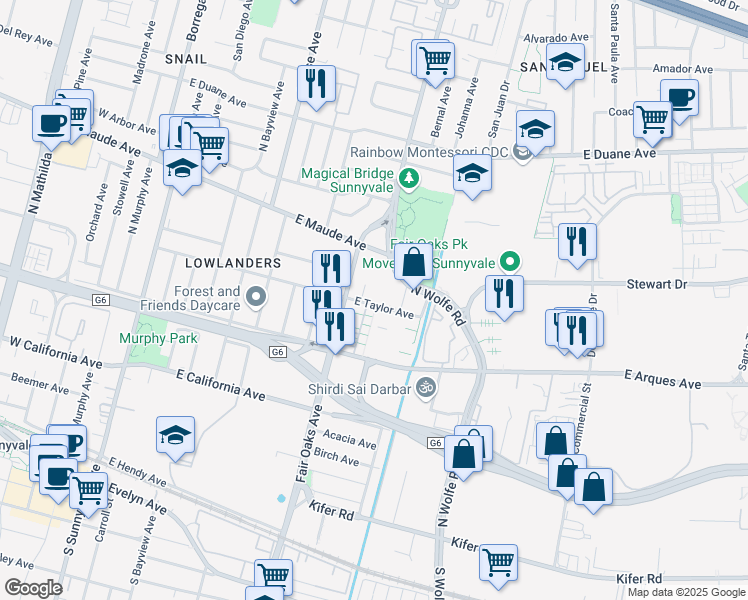 map of restaurants, bars, coffee shops, grocery stores, and more near 403 San Eduardo Terrace in Sunnyvale