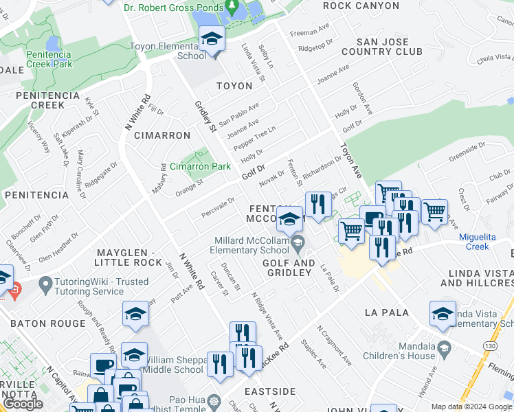 map of restaurants, bars, coffee shops, grocery stores, and more near 636 Gridley Street in San Jose