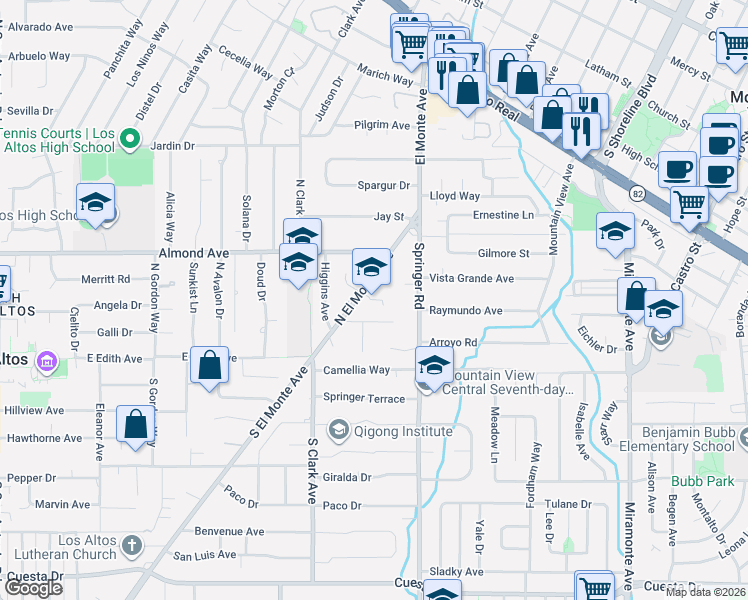 map of restaurants, bars, coffee shops, grocery stores, and more near 641 Mills Avenue in Los Altos