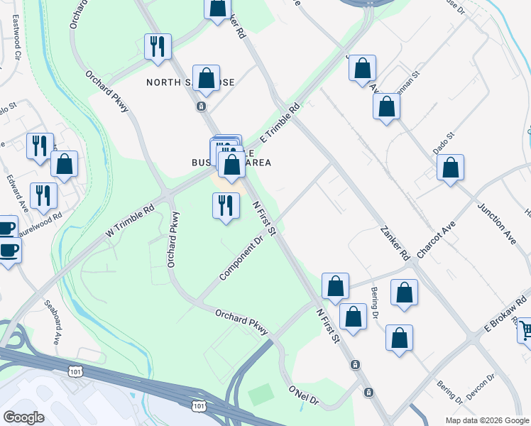 map of restaurants, bars, coffee shops, grocery stores, and more near 2511 North First Street in San Jose