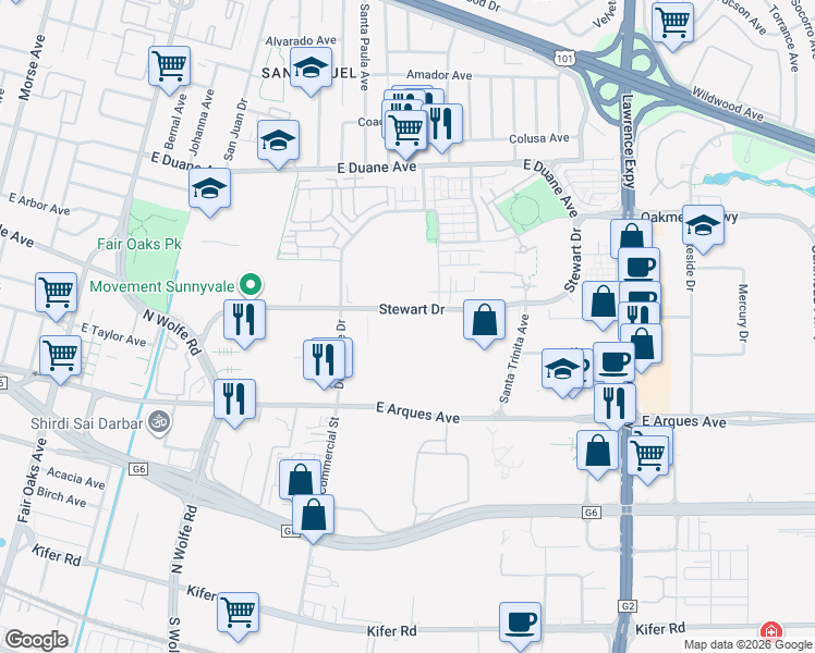 map of restaurants, bars, coffee shops, grocery stores, and more near 968 Stewart Drive in Sunnyvale