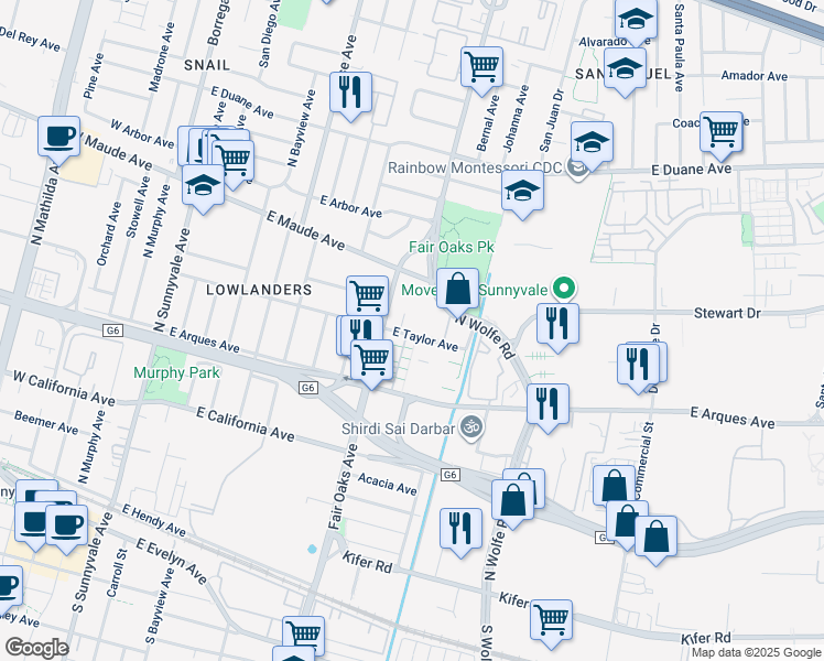 map of restaurants, bars, coffee shops, grocery stores, and more near 388 Santa Elena Terrace in Sunnyvale