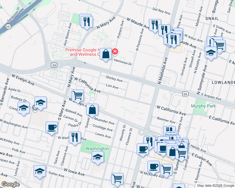 map of restaurants, bars, coffee shops, grocery stores, and more near 801 West California Avenue in Sunnyvale