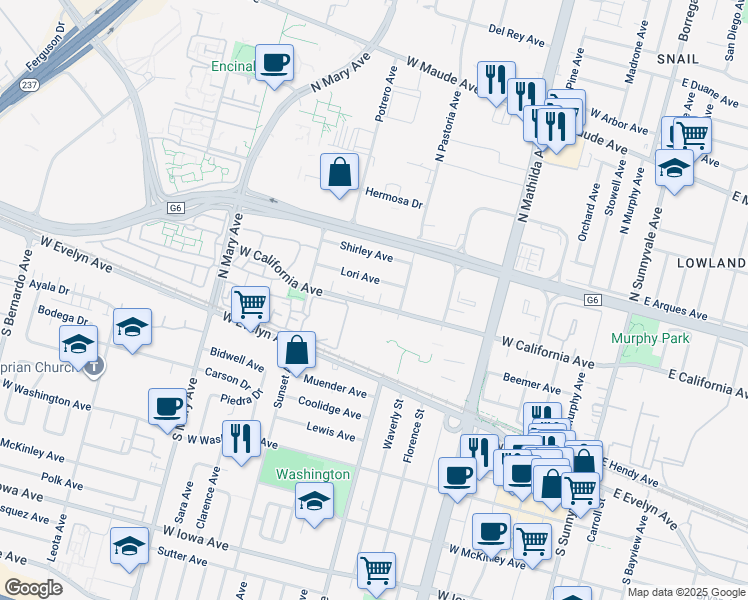 map of restaurants, bars, coffee shops, grocery stores, and more near 801 West California Avenue in Sunnyvale