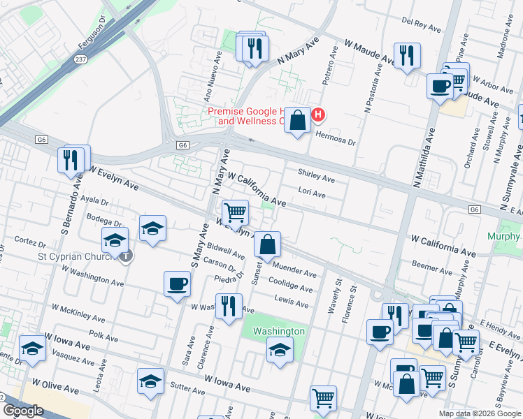 map of restaurants, bars, coffee shops, grocery stores, and more near 973 Asilomar Terrace in Sunnyvale