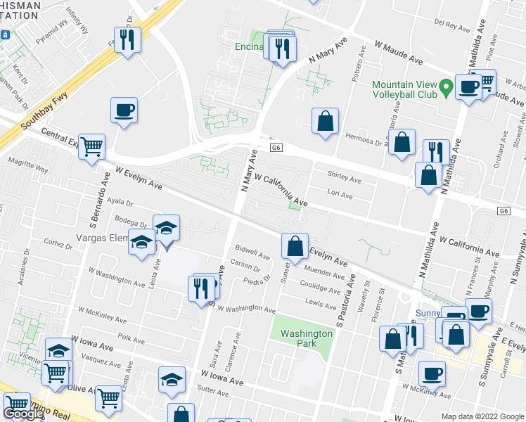 map of restaurants, bars, coffee shops, grocery stores, and more near 983 Asilomar Terrace in Sunnyvale
