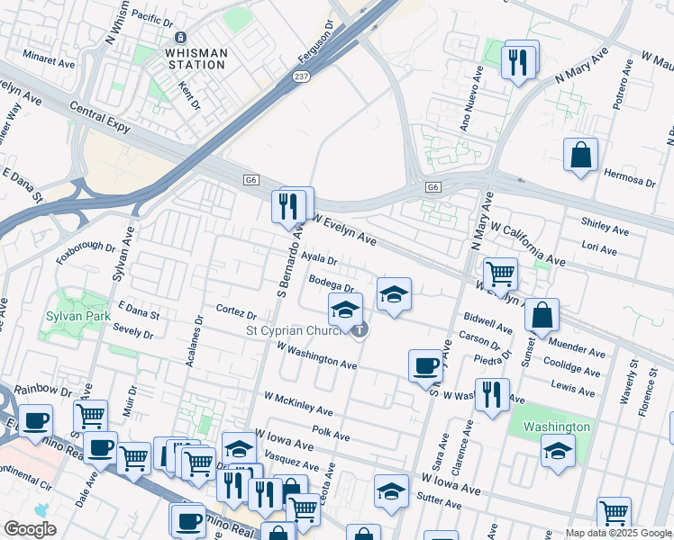 map of restaurants, bars, coffee shops, grocery stores, and more near 1151 Bodega Drive in Sunnyvale
