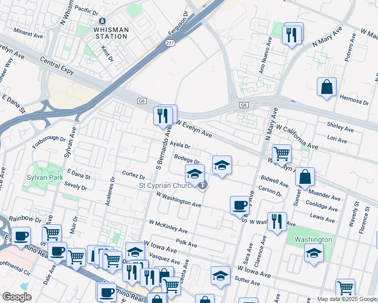map of restaurants, bars, coffee shops, grocery stores, and more near 1151 Bodega Drive in Sunnyvale