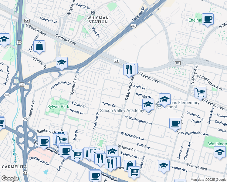 map of restaurants, bars, coffee shops, grocery stores, and more near 13 Balboa Court in Sunnyvale
