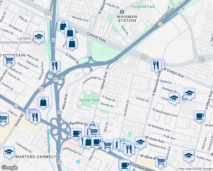 map of restaurants, bars, coffee shops, grocery stores, and more near 4 Althea Lane in Mountain View