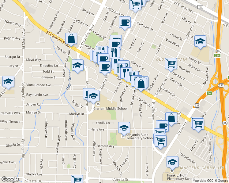 map of restaurants, bars, coffee shops, grocery stores, and more near 621 Sonia Way in Mountain View