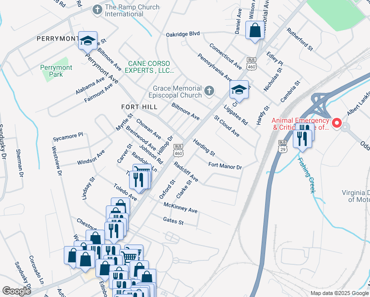 map of restaurants, bars, coffee shops, grocery stores, and more near 4623 Oxford Street in Lynchburg
