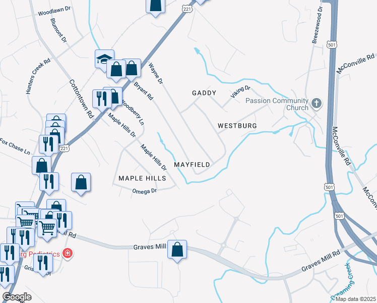 map of restaurants, bars, coffee shops, grocery stores, and more near 221 Bryant Road in Lynchburg