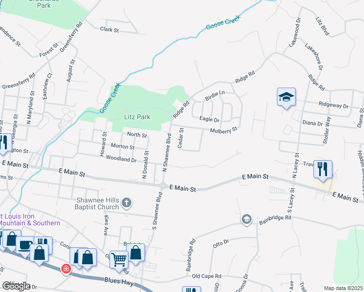 map of restaurants, bars, coffee shops, grocery stores, and more near 406 Cedar Street in Jackson