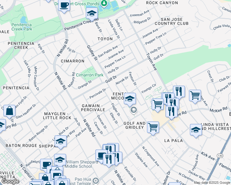 map of restaurants, bars, coffee shops, grocery stores, and more near 636 Gridley Street in San Jose