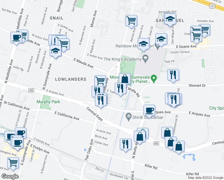 map of restaurants, bars, coffee shops, grocery stores, and more near 388 Santa Elena Terrace in Sunnyvale