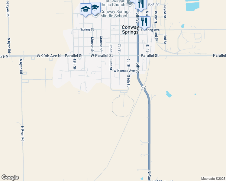 map of restaurants, bars, coffee shops, grocery stores, and more near Sports Complex Road in Conway Springs