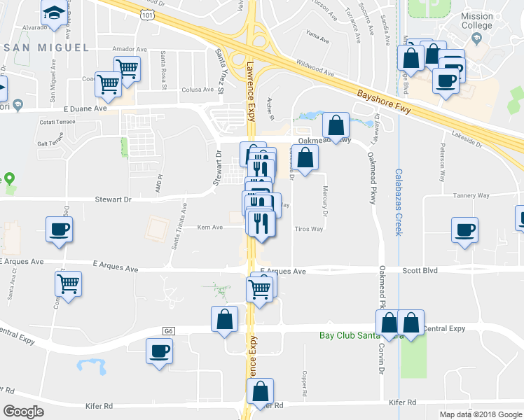 map of restaurants, bars, coffee shops, grocery stores, and more near 530 Lawrence Expressway in Sunnyvale