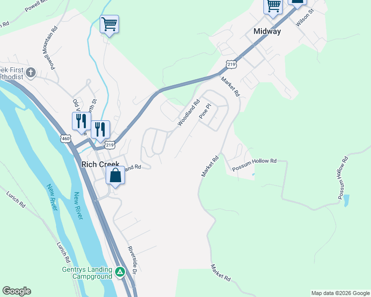 map of restaurants, bars, coffee shops, grocery stores, and more near 1079-1099 Pine Place in Rich Creek