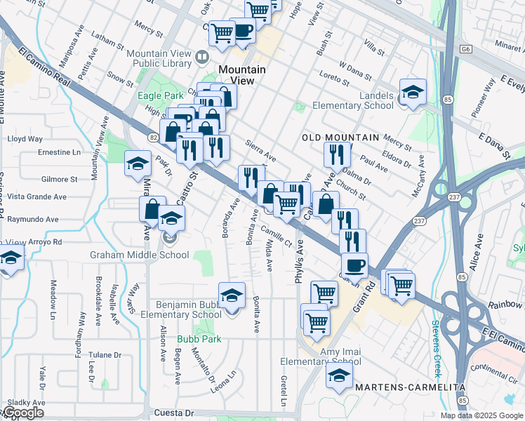 map of restaurants, bars, coffee shops, grocery stores, and more near 399 West El Camino Real in Mountain View