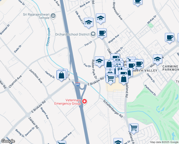 map of restaurants, bars, coffee shops, grocery stores, and more near 1001 Ridder Park Drive in San Jose