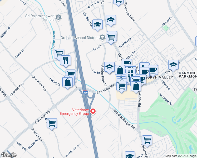 map of restaurants, bars, coffee shops, grocery stores, and more near 1001 Ridder Park Drive in San Jose