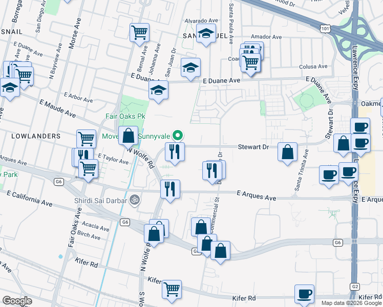 map of restaurants, bars, coffee shops, grocery stores, and more near 830 Stewart Drive in Sunnyvale