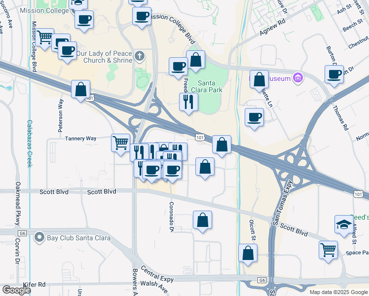 map of restaurants, bars, coffee shops, grocery stores, and more near 2595 Augustine Drive in Santa Clara