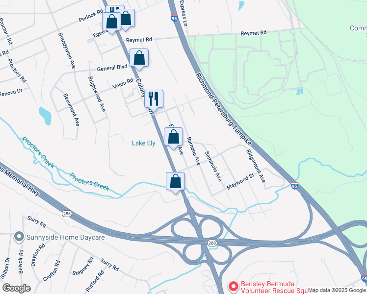 map of restaurants, bars, coffee shops, grocery stores, and more near 10401 Elokomin Avenue in Richmond