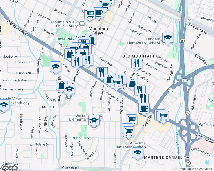 map of restaurants, bars, coffee shops, grocery stores, and more near 909 Bonita Avenue in Mountain View