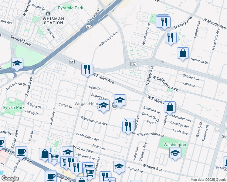 map of restaurants, bars, coffee shops, grocery stores, and more near 1123 Ayala Drive in Sunnyvale