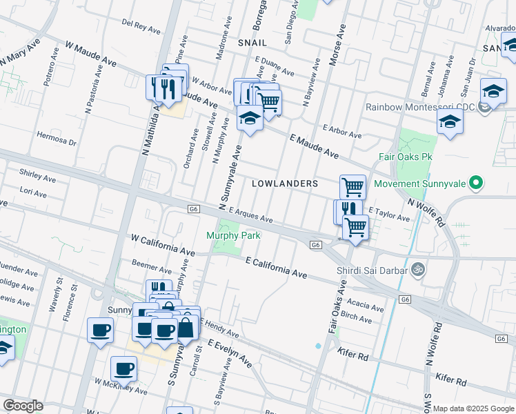 map of restaurants, bars, coffee shops, grocery stores, and more near 310 Jackson Street in Sunnyvale