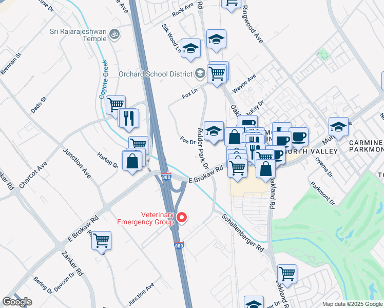 map of restaurants, bars, coffee shops, grocery stores, and more near 1001 Ridder Park Dr in San Jose
