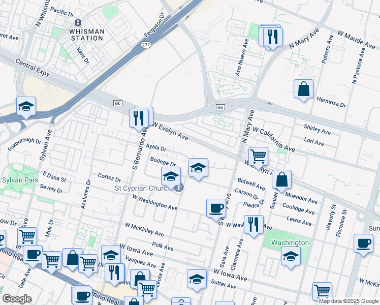 map of restaurants, bars, coffee shops, grocery stores, and more near 1118 Ayala Drive in Sunnyvale