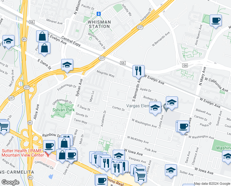 map of restaurants, bars, coffee shops, grocery stores, and more near 1271 Coronado Drive in Sunnyvale